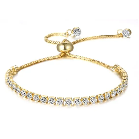 Swarovski Crystal Tennis Slider Bracelet w/ 14K Gold Overlay – Luxury Jewelry - Picture 3 of 6